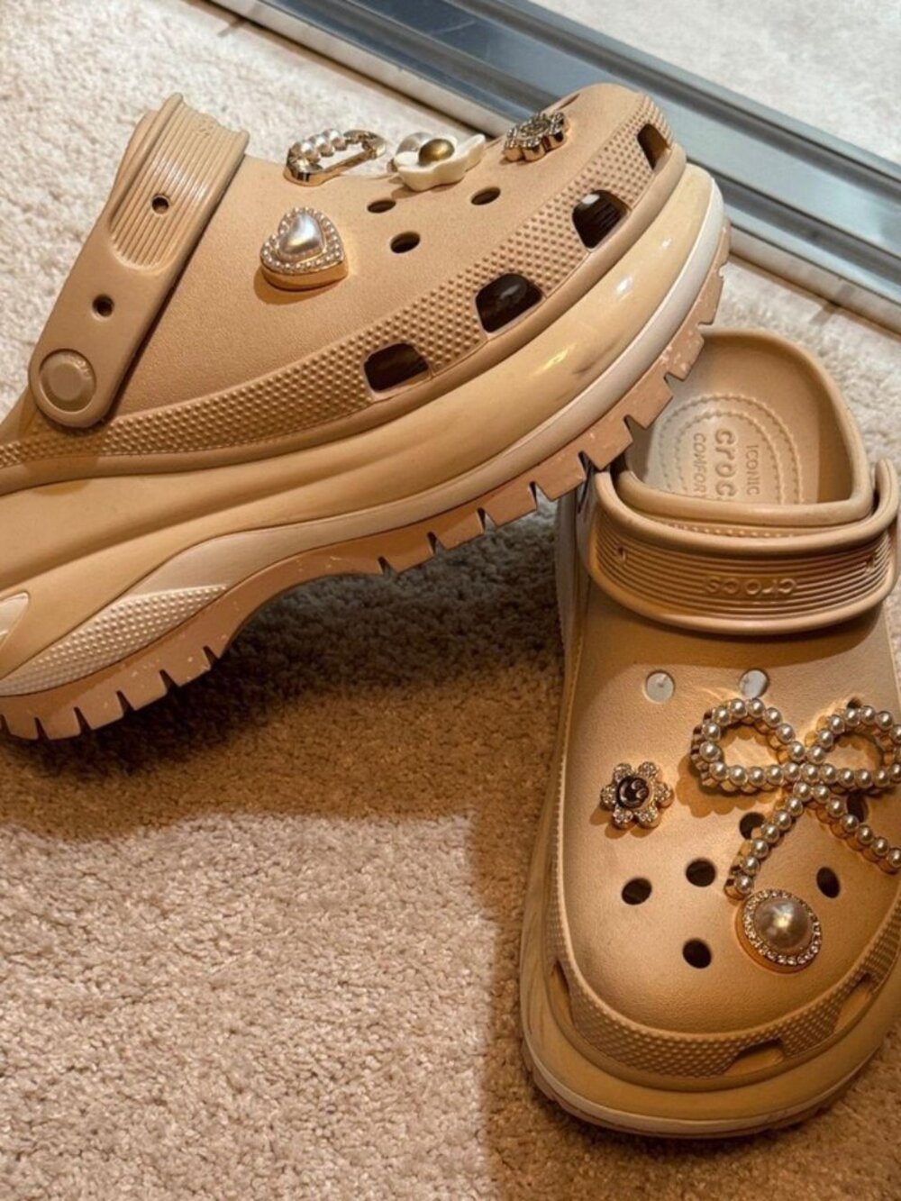 CROCS Mega Crush Clogs with Embellishments Stylish tan clogs with decorative